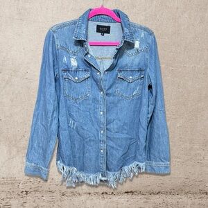 Risen Light Blue Distressed Denim Button-Down Shirt